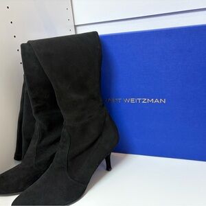 Stuart Weitzman Black Suede over the knee tie Kitten Heel Boots